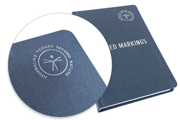 Blue cloth hardcover with a close-up of its textured cover and printed decoration