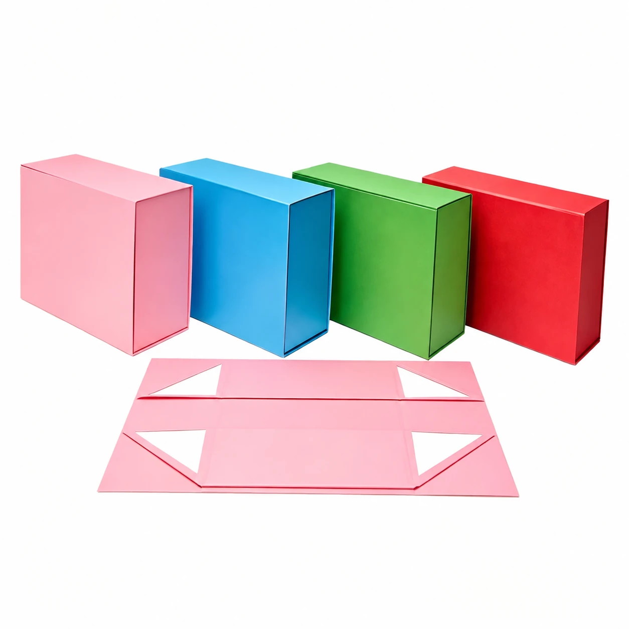 Pink, blue, green and red magnetic gift boxes with an unfolded pink box construction