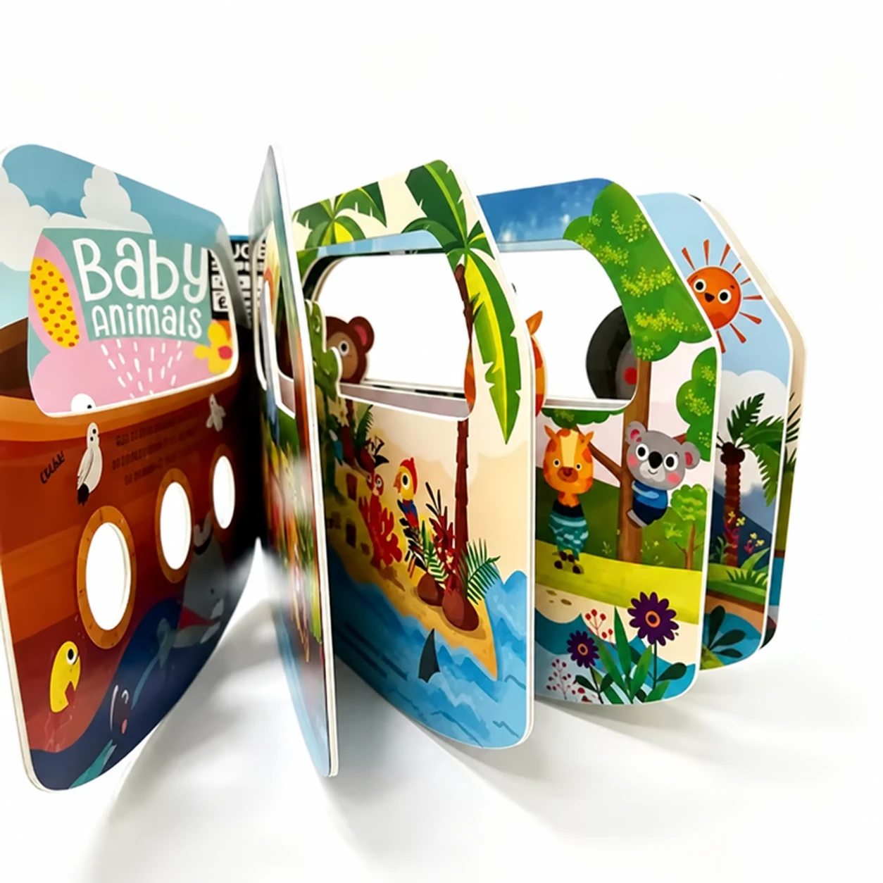Illustrated boat-shaped board book with layered animal pages and die-cut openings