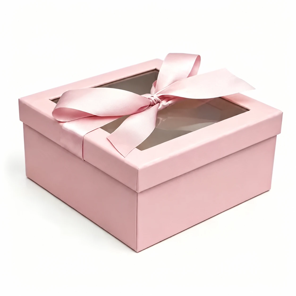 Pink two-piece gift box with a clear lid window and matching satin ribbon bow