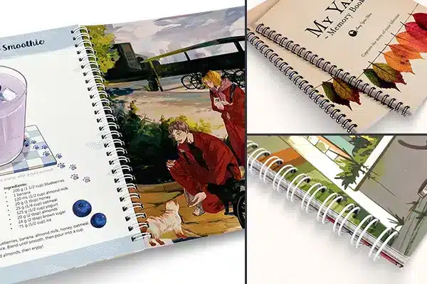 Close-up views of twin-loop wire binding and open printed notebook pages